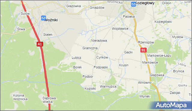 mapa Cynków gmina Koziegłowy, Cynków gmina Koziegłowy na mapie Targeo