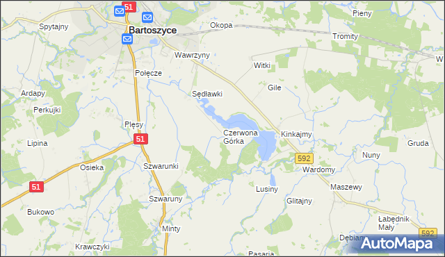 mapa Czerwona Górka gmina Bartoszyce, Czerwona Górka gmina Bartoszyce na mapie Targeo