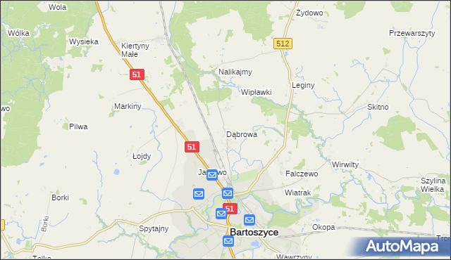 mapa Dąbrowa gmina Bartoszyce, Dąbrowa gmina Bartoszyce na mapie Targeo