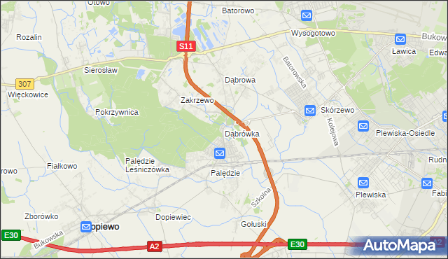 mapa Dąbrówka gmina Dopiewo, Dąbrówka gmina Dopiewo na mapie Targeo