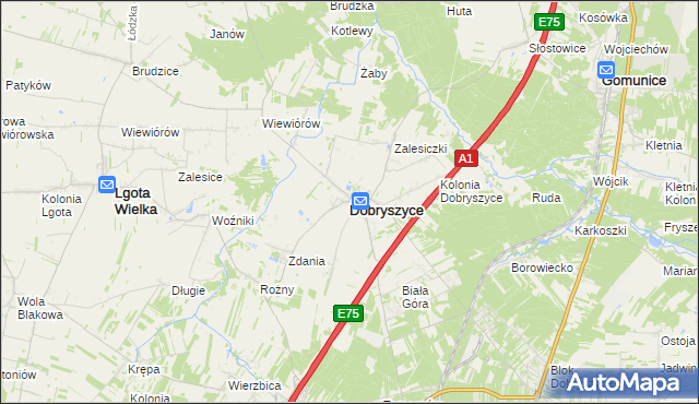 mapa Dobryszyce, Dobryszyce na mapie Targeo