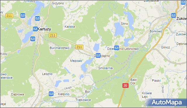 mapa Dzierżążno gmina Kartuzy, Dzierżążno gmina Kartuzy na mapie Targeo