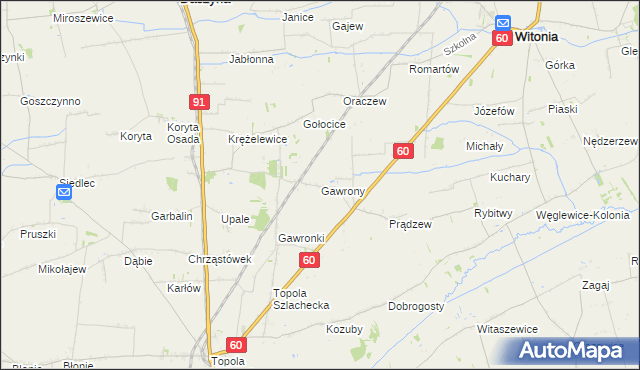mapa Gawrony gmina Łęczyca, Gawrony gmina Łęczyca na mapie Targeo