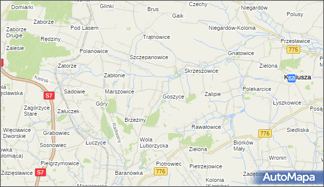 mapa Goszyce gmina Kocmyrzów-Luborzyca, Goszyce gmina Kocmyrzów-Luborzyca na mapie Targeo