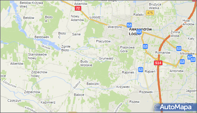mapa Grunwald gmina Aleksandrów Łódzki, Grunwald gmina Aleksandrów Łódzki na mapie Targeo