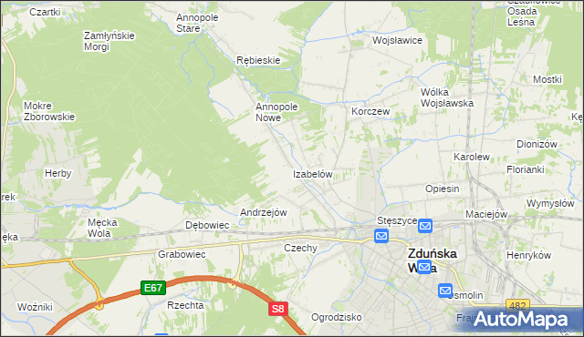 mapa Izabelów gmina Zduńska Wola, Izabelów gmina Zduńska Wola na mapie Targeo