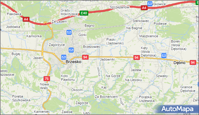 mapa Jadowniki gmina Brzesko, Jadowniki gmina Brzesko na mapie Targeo