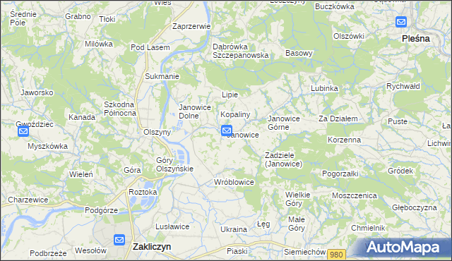 mapa Janowice gmina Pleśna, Janowice gmina Pleśna na mapie Targeo