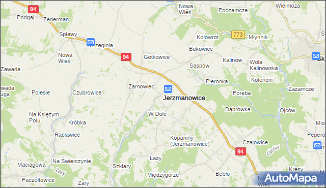 mapa Jerzmanowice gmina Jerzmanowice-Przeginia, Jerzmanowice gmina Jerzmanowice-Przeginia na mapie Targeo