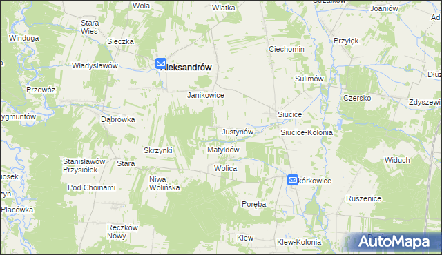 mapa Justynów gmina Aleksandrów, Justynów gmina Aleksandrów na mapie Targeo