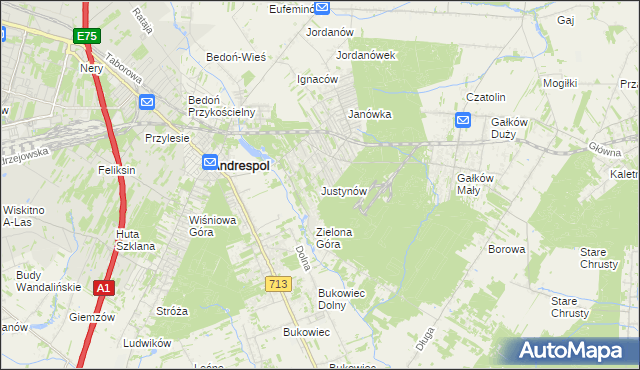 mapa Justynów gmina Andrespol, Justynów gmina Andrespol na mapie Targeo