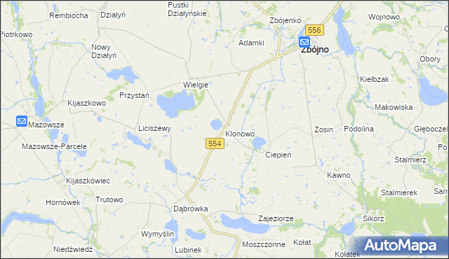 mapa Klonowo gmina Zbójno, Klonowo gmina Zbójno na mapie Targeo