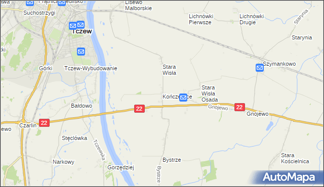 mapa Kończewice gmina Miłoradz, Kończewice gmina Miłoradz na mapie Targeo