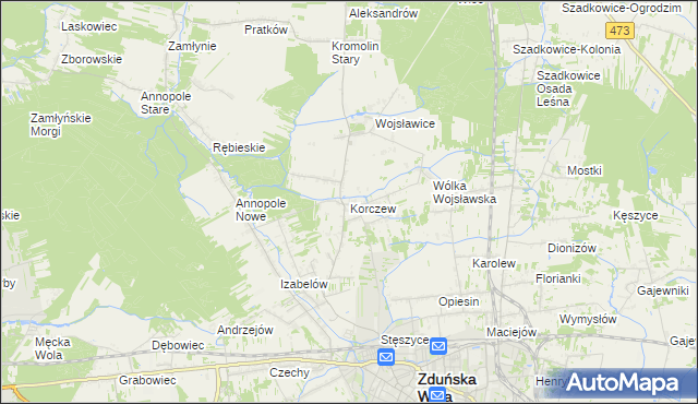 mapa Korczew gmina Zduńska Wola, Korczew gmina Zduńska Wola na mapie Targeo