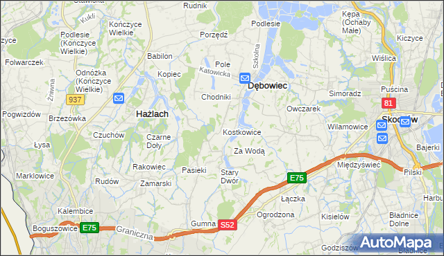 mapa Kostkowice gmina Dębowiec, Kostkowice gmina Dębowiec na mapie Targeo