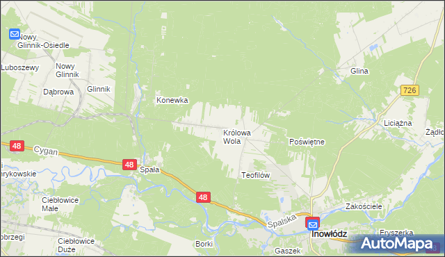 mapa Królowa Wola gmina Inowłódz, Królowa Wola gmina Inowłódz na mapie Targeo