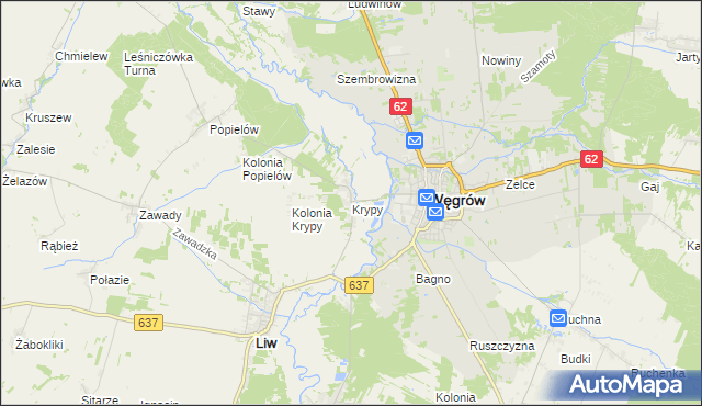 mapa Krypy gmina Liw, Krypy gmina Liw na mapie Targeo