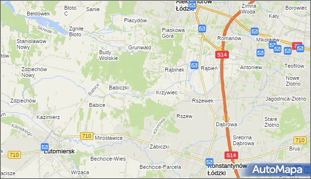 mapa Krzywiec gmina Aleksandrów Łódzki, Krzywiec gmina Aleksandrów Łódzki na mapie Targeo