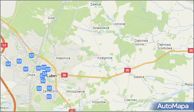 mapa Księginice gmina Lubin, Księginice gmina Lubin na mapie Targeo