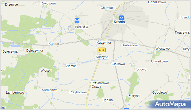 mapa Kuczyna gmina Krobia, Kuczyna gmina Krobia na mapie Targeo