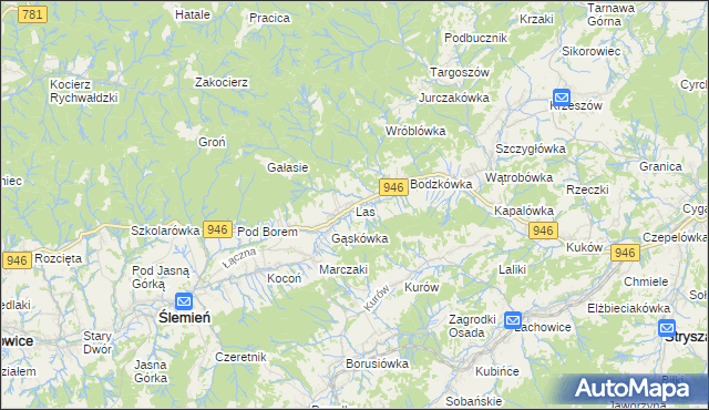 mapa Las gmina Ślemień, Las gmina Ślemień na mapie Targeo