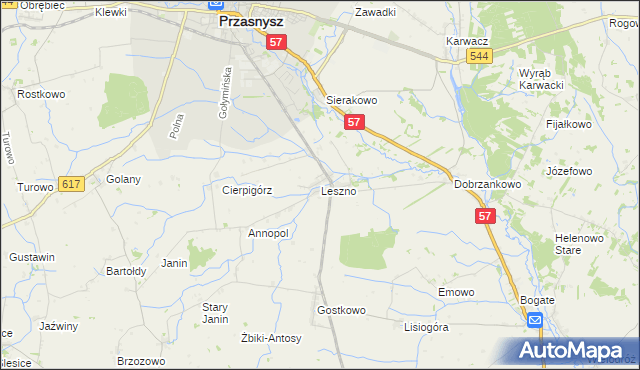 mapa Leszno gmina Przasnysz, Leszno gmina Przasnysz na mapie Targeo