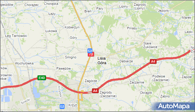 mapa Lisia Góra powiat tarnowski, Lisia Góra powiat tarnowski na mapie Targeo