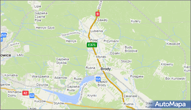 mapa Młynek gmina Brody, Młynek gmina Brody na mapie Targeo