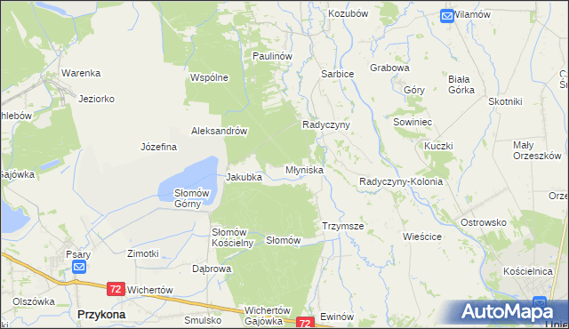 mapa Młyniska gmina Przykona, Młyniska gmina Przykona na mapie Targeo