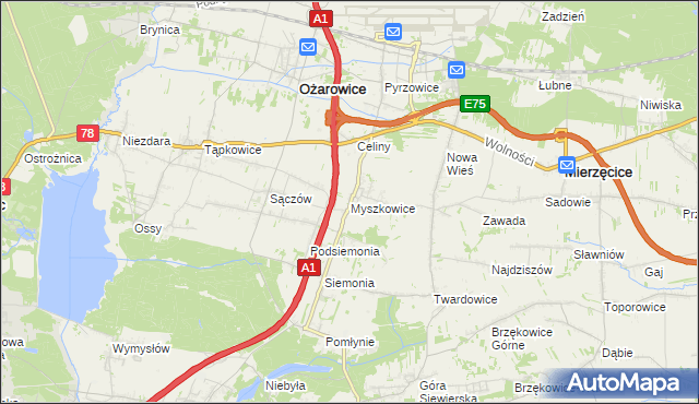 mapa Myszkowice gmina Bobrowniki, Myszkowice gmina Bobrowniki na mapie Targeo