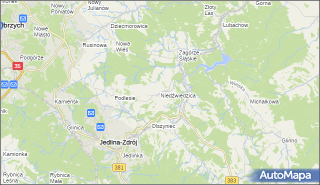 mapa Niedźwiedzica gmina Walim, Niedźwiedzica gmina Walim na mapie Targeo