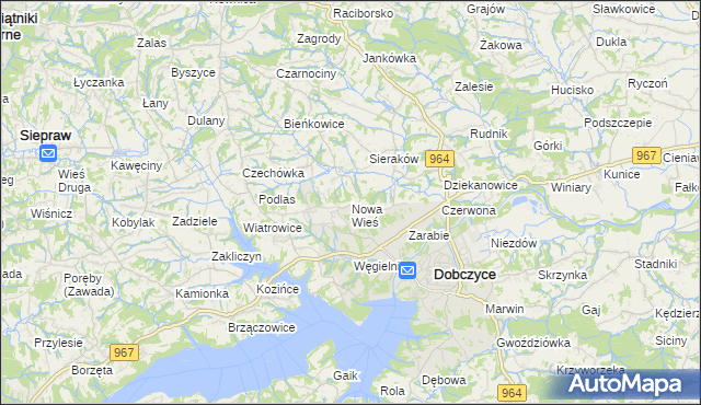 mapa Nowa Wieś gmina Dobczyce, Nowa Wieś gmina Dobczyce na mapie Targeo