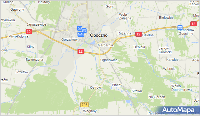 mapa Ogonowice gmina Opoczno, Ogonowice gmina Opoczno na mapie Targeo