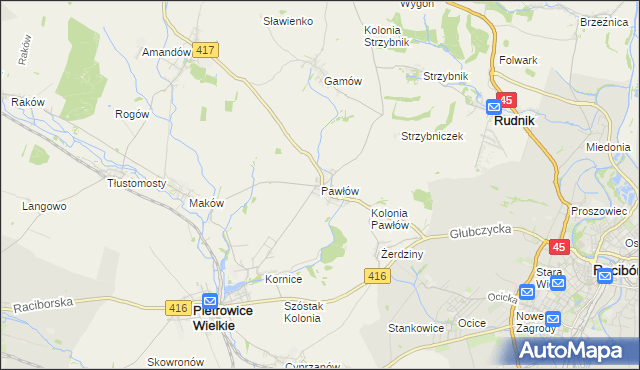 mapa Pawłów gmina Pietrowice Wielkie, Pawłów gmina Pietrowice Wielkie na mapie Targeo