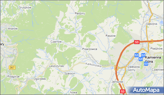 mapa Pisarzowice gmina Kamienna Góra, Pisarzowice gmina Kamienna Góra na mapie Targeo