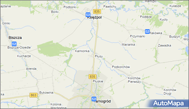 mapa Płusy gmina Księżpol, Płusy gmina Księżpol na mapie Targeo