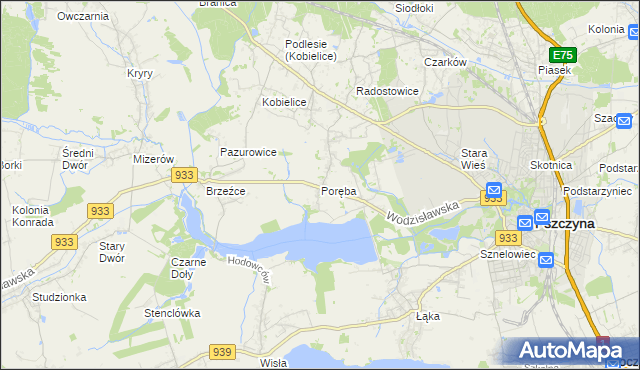mapa Poręba gmina Pszczyna, Poręba gmina Pszczyna na mapie Targeo