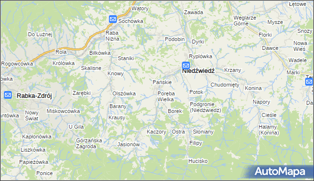 mapa Poręba Wielka gmina Niedźwiedź, Poręba Wielka gmina Niedźwiedź na mapie Targeo