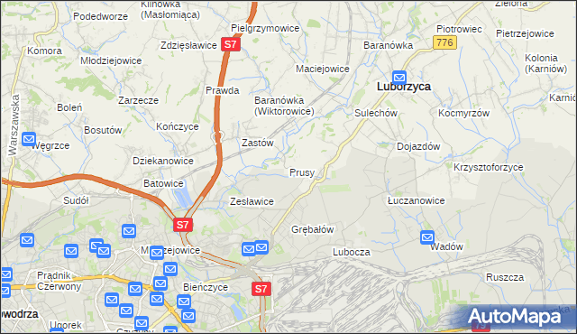 mapa Prusy gmina Kocmyrzów-Luborzyca, Prusy gmina Kocmyrzów-Luborzyca na mapie Targeo
