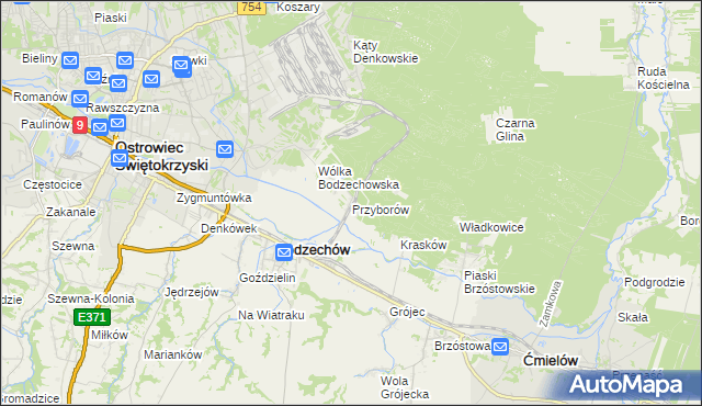 mapa Przyborów gmina Bodzechów, Przyborów gmina Bodzechów na mapie Targeo