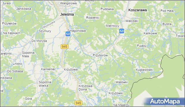 mapa Przyborów gmina Jeleśnia, Przyborów gmina Jeleśnia na mapie Targeo