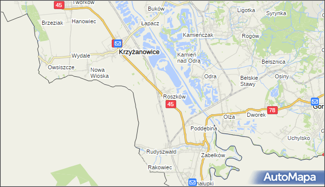 mapa Roszków gmina Krzyżanowice, Roszków gmina Krzyżanowice na mapie Targeo