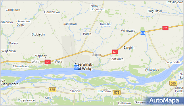 mapa Sielec gmina Czerwińsk nad Wisłą, Sielec gmina Czerwińsk nad Wisłą na mapie Targeo