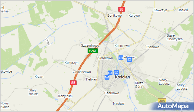 mapa Sierakowo gmina Kościan, Sierakowo gmina Kościan na mapie Targeo