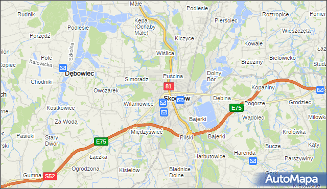 mapa Skoczów powiat cieszyński, Skoczów powiat cieszyński na mapie Targeo