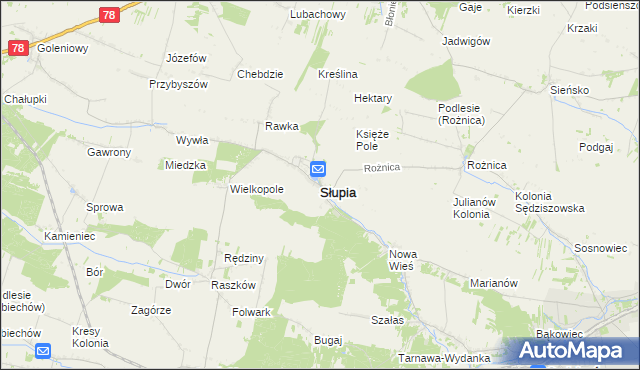 mapa Słupia powiat jędrzejowski, Słupia powiat jędrzejowski na mapie Targeo