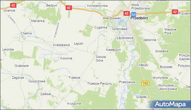 mapa Sokola Góra gmina Wielgomłyny, Sokola Góra gmina Wielgomłyny na mapie Targeo