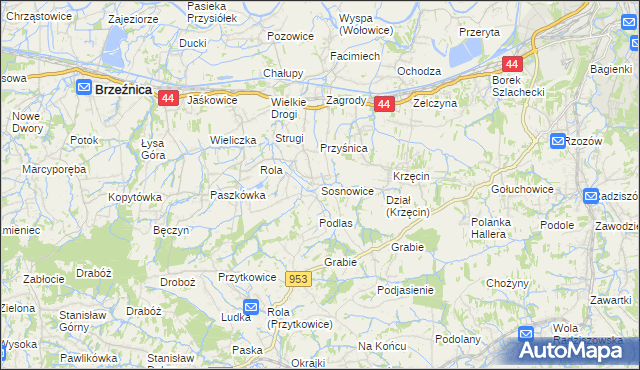 mapa Sosnowice gmina Brzeźnica, Sosnowice gmina Brzeźnica na mapie Targeo