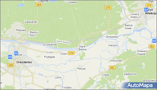 mapa Stare Bielice gmina Drezdenko, Stare Bielice gmina Drezdenko na mapie Targeo