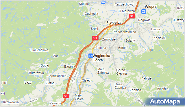 mapa Węgierska Górka, Węgierska Górka na mapie Targeo